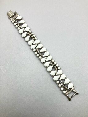 Vintage Crown Gale White Milk Glass & Rhinestone Silver Tone Bracelet